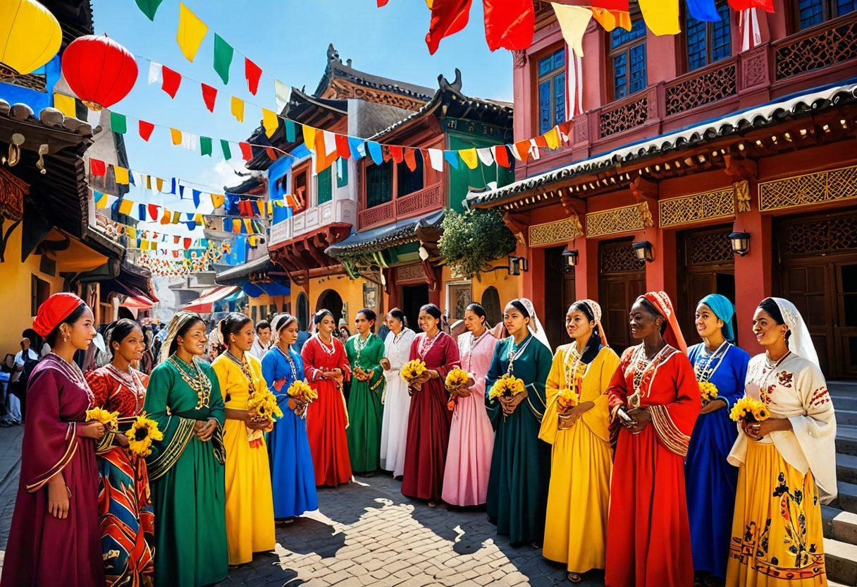 A harmonious gathering of people from diverse cultures, wearing traditional clothing, engaged in a joyful celebration, surrounded by symbols of various cultures such as flags, food, and art. This scene illustrates unity in diversity, with colorful decorations and a backdrop of different architectural styles from around the world. The atmosphere is warm and welcoming, embodying inclusivity and shared identity. vibrant colors. super-realistic.