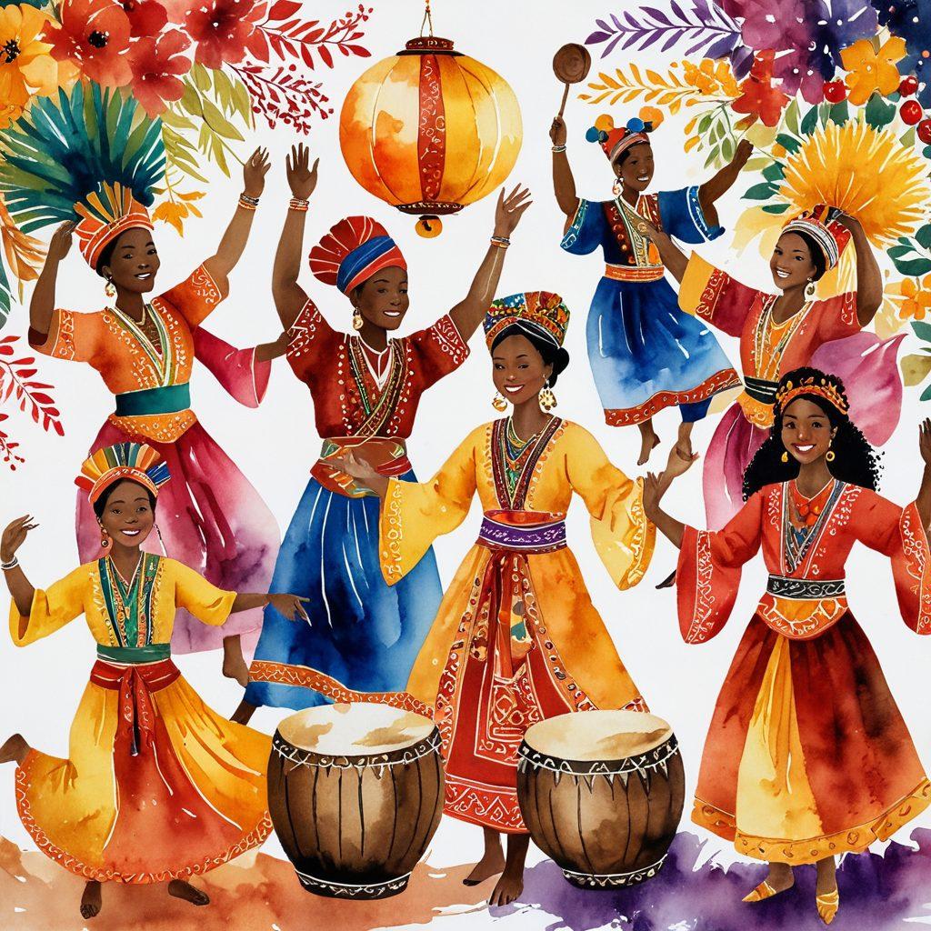 A vibrant collage showcasing diverse ethnic customs from around the world, featuring traditional clothing, joyful dance celebrations, and festive decorations. Include cultural artifacts like drums, masks, and food from various cultures, all set against a radiant background symbolizing unity and joy. The composition should reflect the beauty of diversity and heritage. watercolor painting. warm colors. intricate details.