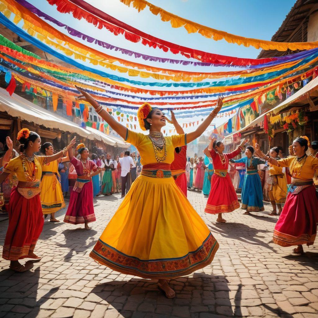 An intricate collage showcasing a vibrant festival scene, featuring diverse groups of people in traditional attire from various cultures joyfully interacting, surrounded by colorful decorations, flags, and cultural artifacts. Incorporate elements like traditional dances, food stalls, and community gatherings to highlight celebration and unity in diversity. bright colors. super-realistic.